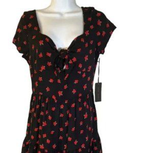 Faded Rose Black Tie Bust Floral Rose Flowy Mini Dress